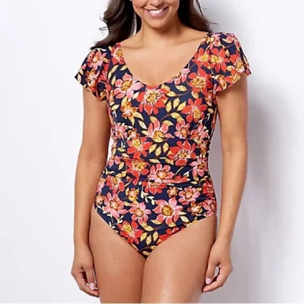 Denim & Co. Beach V-Neck Ruffle Sleeve One-Piece Swimsuit